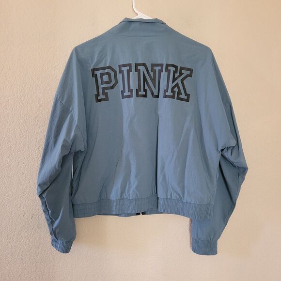Pink Victoria Secret Anorak Windbreaker Bomber Jacket Size Medium Blue Logo Zip - Picture 1 of 6
